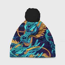 Шапка c помпоном Два неоновых дракона - ирезуми