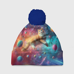 Шапка c помпоном Рыжий космический котёнок - неоновое свечение