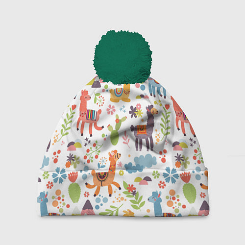 Шапка c помпоном Ламы паттерн / 3D-Зеленый – фото 1