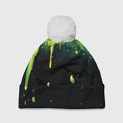 Шапка с помпоном Зеленая стекающая краска по черному фону, цвет: 3D-белый