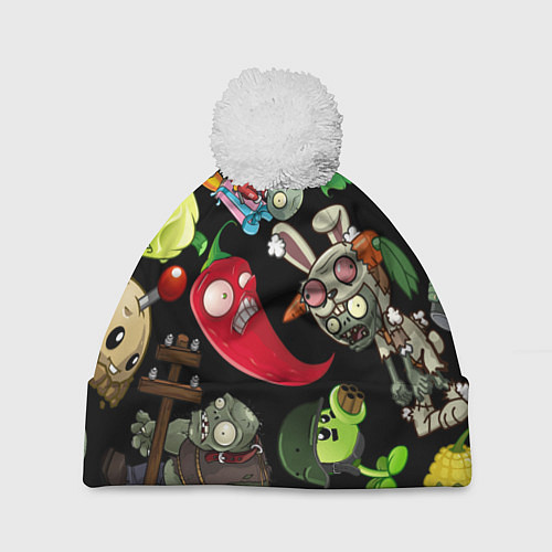 Шапка c помпоном Растения против зомби персонажи на черном / 3D-Белый – фото 1