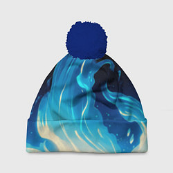 Шапка с помпоном Бело-синее пламя из абстрактных красок, цвет: 3D-тёмно-синий