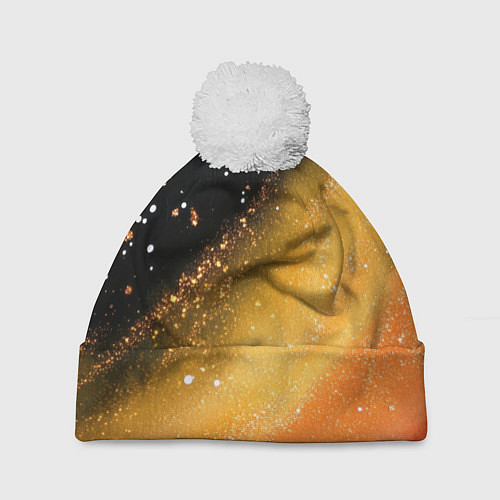 Шапка c помпоном Черно-оранжевая блестящая текстура / 3D-Белый – фото 1