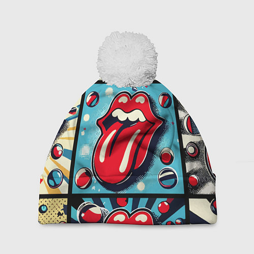 Шапка c помпоном Rolling Stones logo - pop art / 3D-Белый – фото 1