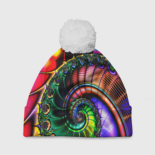 Шапка c помпоном Фрактальный узор неоновый / 3D-Белый – фото 1
