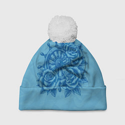 Шапка с помпоном Штурвал и три розы, цвет: 3D-белый