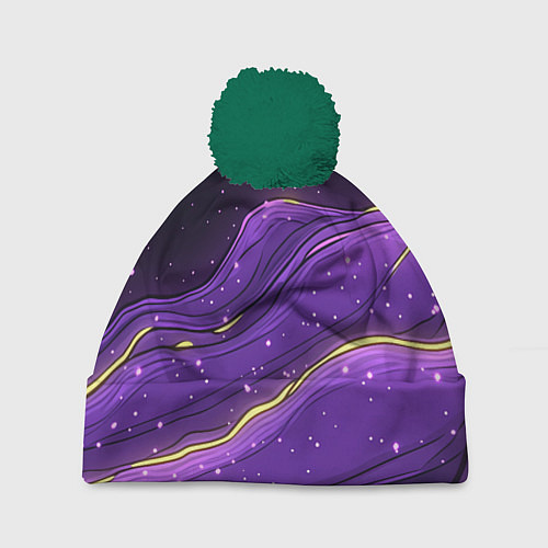Шапка c помпоном Фиолетовая текстура с золотыми звездочками / 3D-Зеленый – фото 1