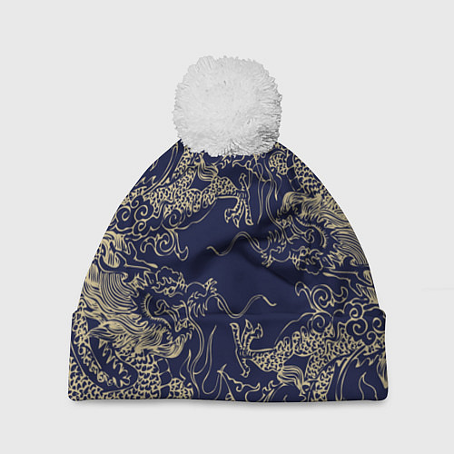 Шапка c помпоном Золотые драконы на синем / 3D-Белый – фото 1