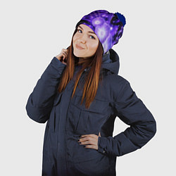 Шапка с помпоном Силуэты цветов на темном фоне - фиолетовое свечени, цвет: 3D-тёмно-синий — фото 2