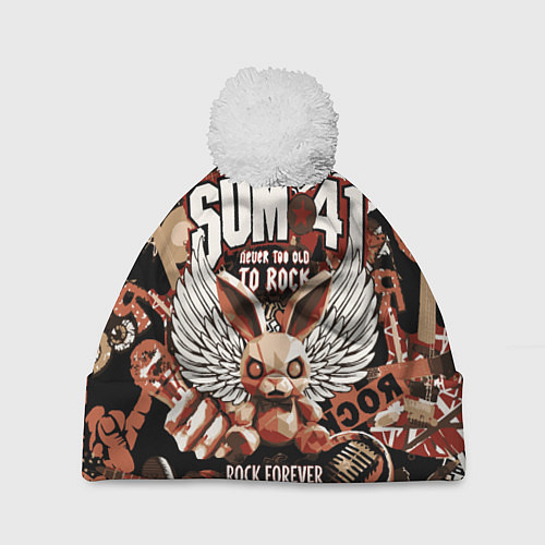 Шапка c помпоном Sum 41 на фоне кролика и гитар / 3D-Белый – фото 1