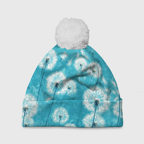 Шапка c помпоном Белые одуванчики на бирюзовом фоне / 3D-Белый – фото 1
