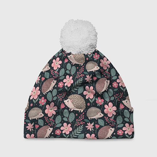 Шапка c помпоном Ёжики в цветах / 3D-Белый – фото 1