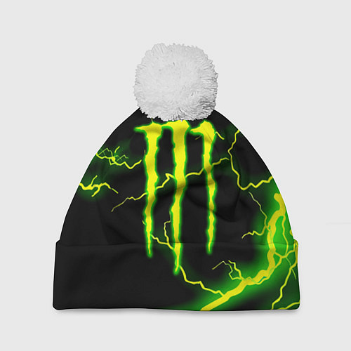 Шапка c помпоном Monster energy зелёные молнии / 3D-Белый – фото 1