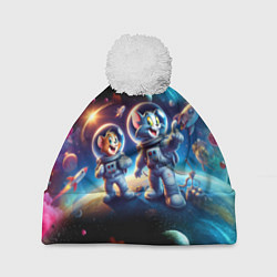 Шапка c помпоном Космонавты Том и Джерри в неоновом космосе
