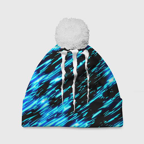Шапка c помпоном Monster energy штрихи голубых неоновых красок / 3D-Белый – фото 1