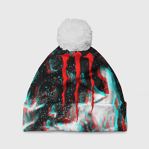 Шапка c помпоном Monster energy огонь глитч / 3D-Белый – фото 1