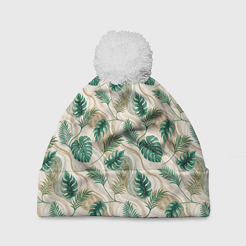 Шапка c помпоном Листья монстеры на мраморном фоне / 3D-Белый – фото 1