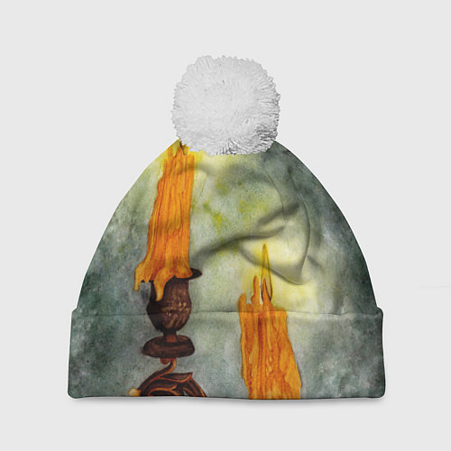 Шапка c помпоном Две горящие свечи в темноте / 3D-Белый – фото 1