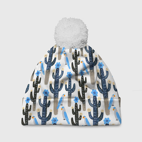Шапка c помпоном Кактусы и попугаи / 3D-Белый – фото 1