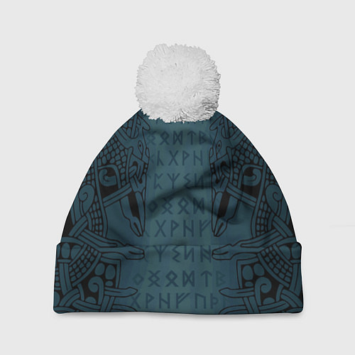 Шапка c помпоном Руны и скандинавская татуировка Одина / 3D-Белый – фото 1