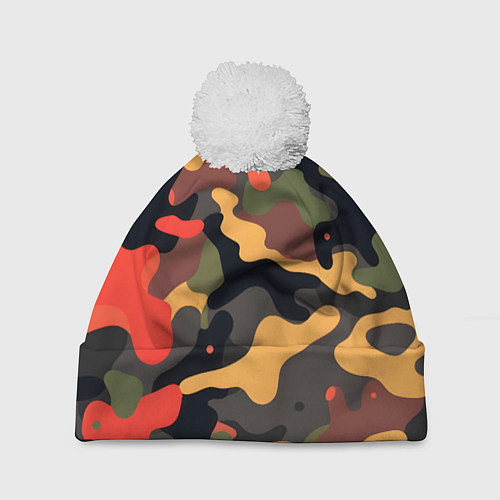Шапка c помпоном Разноцветный праздничный камуфляж / 3D-Белый – фото 1