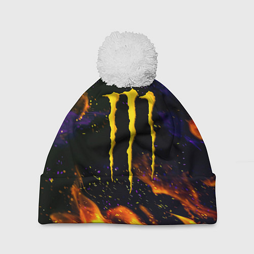 Шапка c помпоном Monster energy лого в огне / 3D-Белый – фото 1