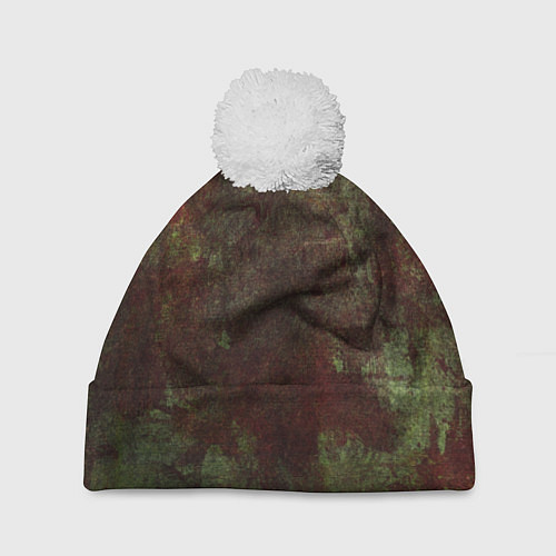 Шапка c помпоном Абстракция - green fabric soaked in red paint / 3D-Белый – фото 1