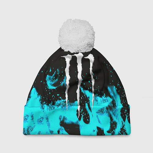 Шапка c помпоном Monster energy голубой огонь / 3D-Белый – фото 1