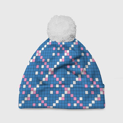 Шапка c помпоном Синяя розовая с белым плитка / 3D-Белый – фото 1