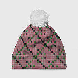 Шапка с помпоном Коричневая с черным и зеленым плитка, цвет: 3D-белый
