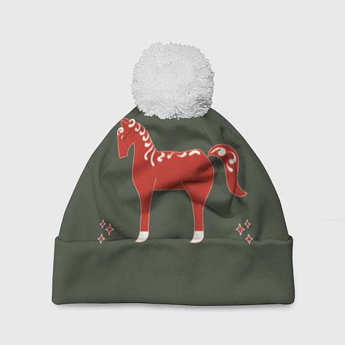 Шапка c помпоном Красная лошадь / 3D-Белый – фото 1