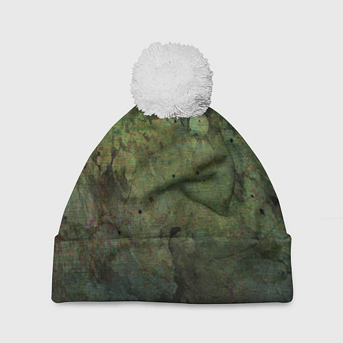 Шапка c помпоном Абстракция - green stained board / 3D-Белый – фото 1