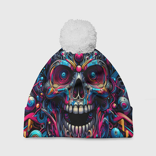 Шапка c помпоном Colorful cyber skull - pattern / 3D-Белый – фото 1