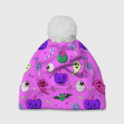 Шапка c помпоном Halloween pink / 3D-Белый – фото 1