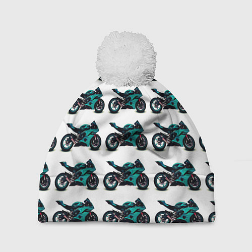 Шапка c помпоном Motorbike light blue / 3D-Белый – фото 1