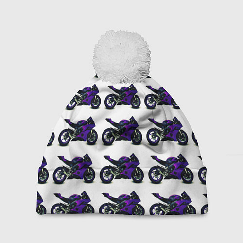 Шапка c помпоном Motorcycle purple gloss / 3D-Белый – фото 1