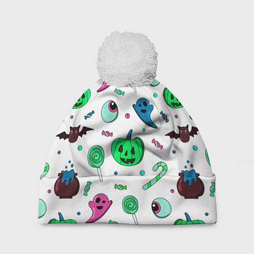 Шапка c помпоном Halloween light green pumpkin - паттерн / 3D-Белый – фото 1