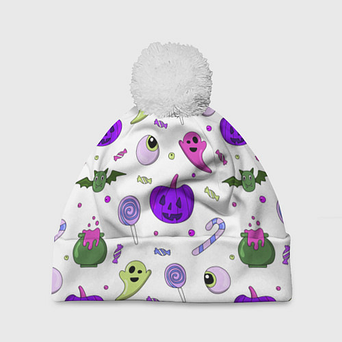 Шапка c помпоном Halloween purple pumpkin pattern / 3D-Белый – фото 1