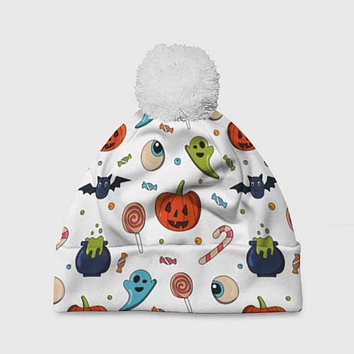 Шапка c помпоном Halloween pumpkin show / 3D-Белый – фото 1