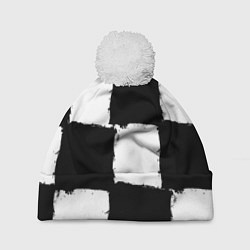 Шапка с помпоном Черные квадраты в виде шахматной доски, цвет: 3D-белый