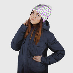 Шапка с помпоном Зеленые фиолетовые цветы на белом фоне, цвет: 3D-белый — фото 2