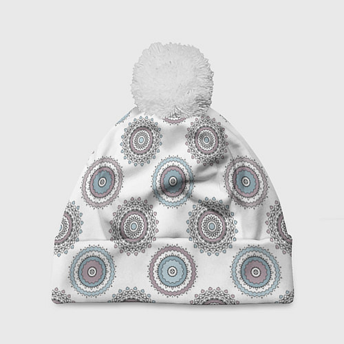 Шапка c помпоном Круглый разноцветный узор мандала / 3D-Белый – фото 1