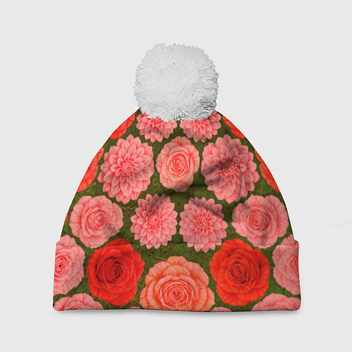 Шапка c помпоном Цветочная поляна паттерн / 3D-Белый – фото 1