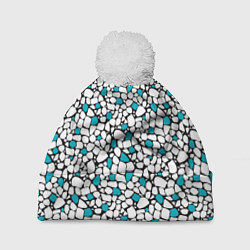 Шапка с помпоном Мелкий синий белый мозаичный узор на черном, цвет: 3D-белый