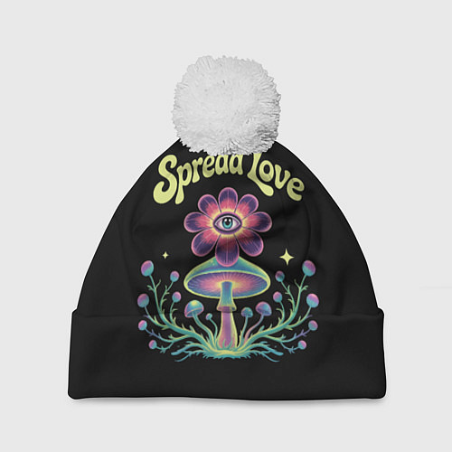 Шапка c помпоном Психоделический цветок с глазом и грибы / 3D-Белый – фото 1