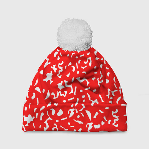 Шапка c помпоном Красный яркий камуфляж / 3D-Белый – фото 1
