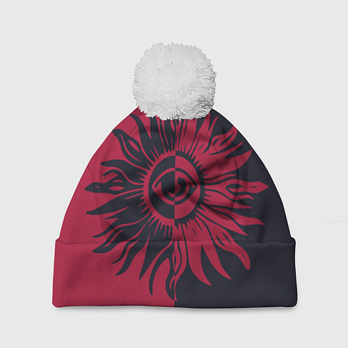 Шапка c помпоном Солнце красно-синее / 3D-Белый – фото 1