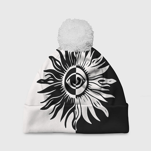 Шапка c помпоном Солнце черно-белое / 3D-Белый – фото 1