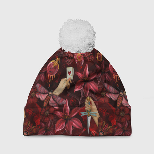 Шапка c помпоном Бордовая готика с сердцем, лилиями и мотыльками / 3D-Белый – фото 1