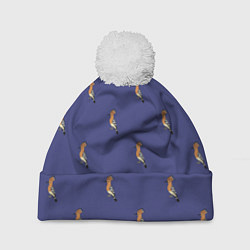 Шапка с помпоном Клевая птица удод на фиолетовом фоне, цвет: 3D-белый